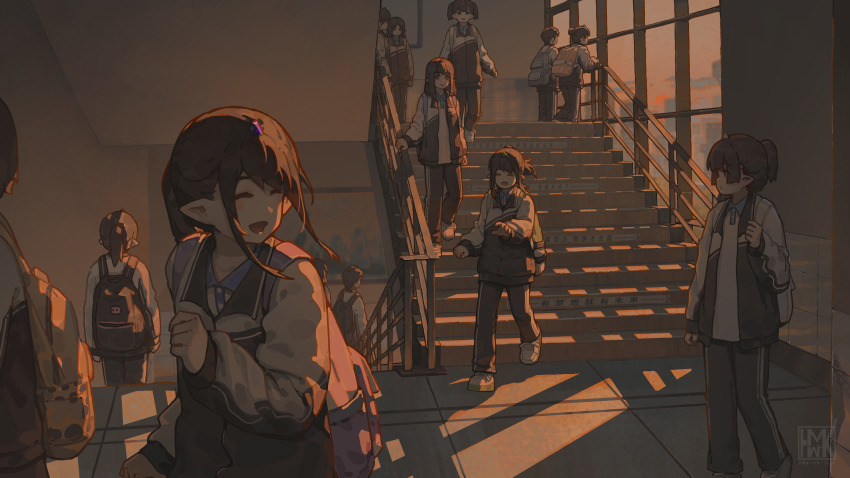6+girls absurdres backpack bag china chinese_track_school_uniform elf highres hua_ming_wink indoors jacket long_hair multiple_girls original pants pointy_ears ponytail running scenery school school_uniform stairs sunlight sunset track_jacket track_pants window window_shadow