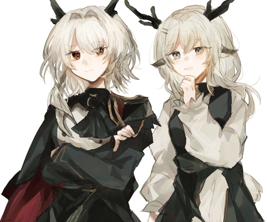 2girls :d absurdres aiguillette alina_(arknights) animal_ears antlers arknights ascot black_ascot black_cape black_dress black_horns brown_eyes cape commentary_request crossed_arms deer_antlers deer_ears deer_girl dot_nose dress epaulettes fumi_(rdbm) grey_eyes hair_intakes hand_on_own_chin highres horns long_sleeves multiple_girls open_mouth single_epaulette smile talulah_(arknights) talulah_the_fighter_(arknights) white_hair