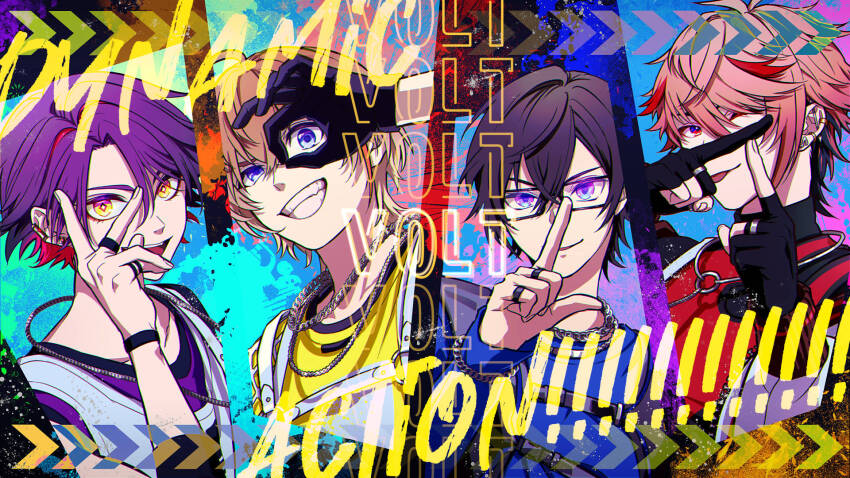 4boys :d ;p ahoge barbell_piercing black-framed_eyewear black_gloves black_hair black_shirt blonde_hair blue_eyes blue_shirt bracelet chain chain_bracelet chain_necklace chest_harness closed_mouth collarbone colored_inner_hair colorful_background commentary crossed_bangs ear_piercing earclip earrings english_text fang fura_kanato glasses gloves grin hair_between_eyes hair_intakes hand_up hands_up harness highres industrial_piercing jewelry l_hand long_sleeves looking_at_viewer male_focus mapogeso multicolored_eyes multicolored_hair multiple_boys necklace nijisanji ok_sign ok_sign_over_eye one_eye_closed open_mouth orange_hair parted_bangs partially_fingerless_gloves piercing pink_hair purple_eyes purple_hair purple_shirt red_eyes red_hair red_shirt ring seraph_dazzlegarden shikinagi_akira shirt short_hair sleeveless sleeveless_shirt sleeves_past_wrists smile splatter_background streaked_hair symbol-only_commentary teeth tongue tongue_out turtleneck two-tone_eyes two-tone_hair upper_body upper_teeth_only v v-shaped_eyebrows v_over_eye virtual_youtuber voltaction watarai_hibari white_shirt yellow_eyes yellow_shirt