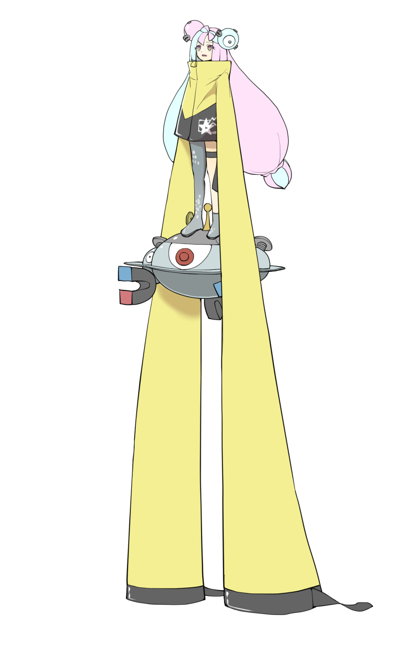 1girl absurdres blue_hair bow-shaped_hair character_hair_ornament empty_eyes gen_1_pokemon gen_4_pokemon grey_footwear hair_ornament highres iono_(pokemon) jacket long_hair long_sleeves magnemite magnezone multicolored_hair nintendo open_mouth peroponesosu. pink_hair pokemon pokemon_sv simple_background single_leg_pantyhose sleeves_past_fingers sleeves_past_wrists standing two-tone_hair very_long_hair white_background yellow_jacket