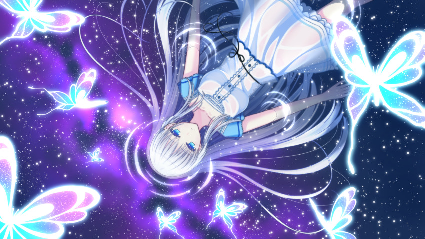 1girl a-pose blue_butterfly blue_eyes bug butterfly center_frills collarbone commentary_request cowboy_shot dress dutch_angle frilled_dress frills glowing_butterfly hair_between_eyes hair_spread_out highres insect light_particles looking_at_viewer lying naruse_shiroha on_back parted_lips ringed_eyes ripples short_sleeves sidelocks solo straight_hair summer_pockets upside-down water wet wet_clothes wet_dress white_dress white_hair zanmu_no_sora
