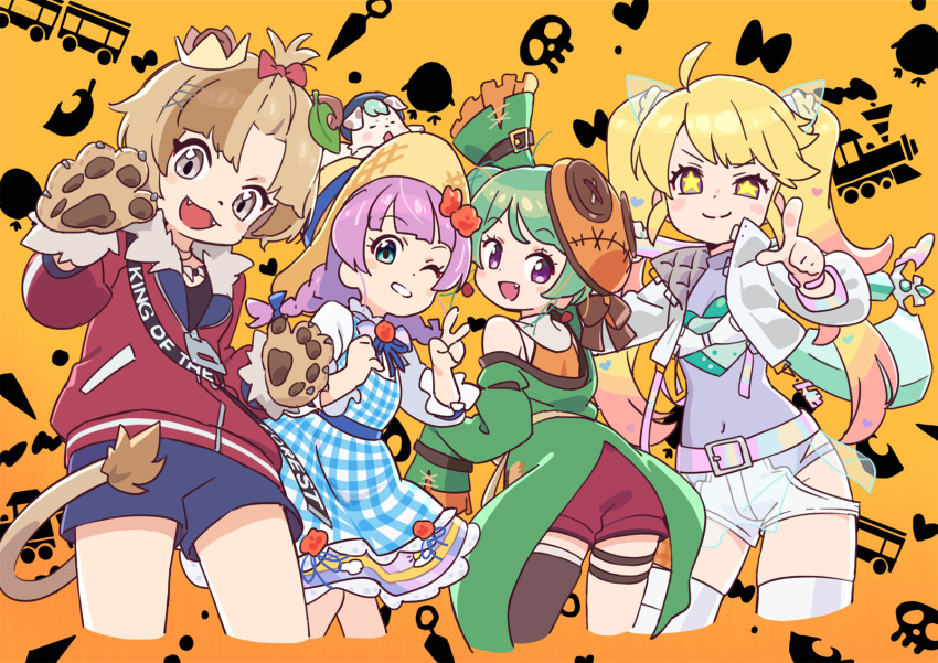 4girls :3 ahoge animal_ears animal_hands animal_nose arm_up bangs_pinned_back belt beret black_shirt blonde_hair blue_shorts bow braid brown_hair cat_ears coat colored_tips commentary_request cropped_jacket cropped_legs dress fake_animal_ears fang fangs fur-trimmed_jacket fur_trim gloves green_coat green_eyes grin hair_bow hair_bun hand_up hat highres hip_vent hoshizaki_tia indie_virtual_youtuber jacket leotard lion_girl lion_tail long_hair long_sleeves looking_at_viewer looking_back low_twin_braids mochi_hiyoko mochipro mode_aim multicolored_belt multicolored_hair multiple_girls om_(nk2007) open_clothes open_jacket open_mouth orange_hat patterned_background paw_gloves pink_hair plaid_clothes plaid_dress pointing pointing_at_viewer ponpoko_(vtuber) purple_eyes purple_hair purple_leotard purple_skirt quilted_jacket red_bow red_jacket red_shorts saeki_yahiro shirt short_hair short_shorts shorts single_bare_shoulder single_side_bun single_thighhigh skindentation skirt sleeveless sleeveless_shirt sleeves_past_fingers sleeves_past_wrists smile star-shaped_pupils star_(symbol) streaked_hair symbol-shaped_pupils tail tailcoat thigh_strap thighhighs track_jacket twin_braids twintails uneven_eyes v v-shaped_eyebrows virtual_youtuber white_jacket white_shorts white_thighhighs yellow_pupils
