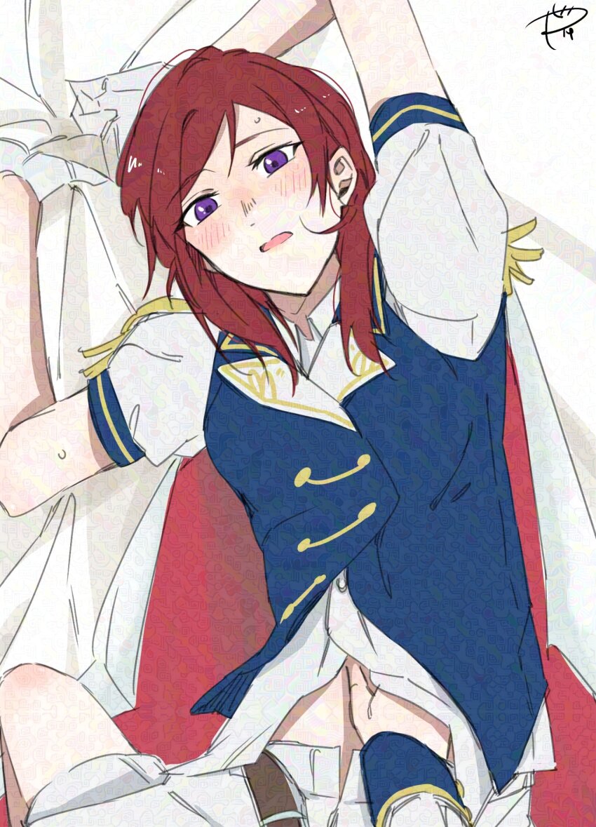 2girls adversarial_noise arms_up blue_vest blush clothes_lift commentary_request female_pov hand_under_clothes hand_under_shirt highres long_sleeves love_live! love_live!_school_idol_project medium_hair multiple_girls nishikino_maki pants parted_lips pov purple_eyes red_hair shirt shirt_lift short_sleeves straddling surfacedxxc vest white_pants white_shirt yazawa_nico yuri
