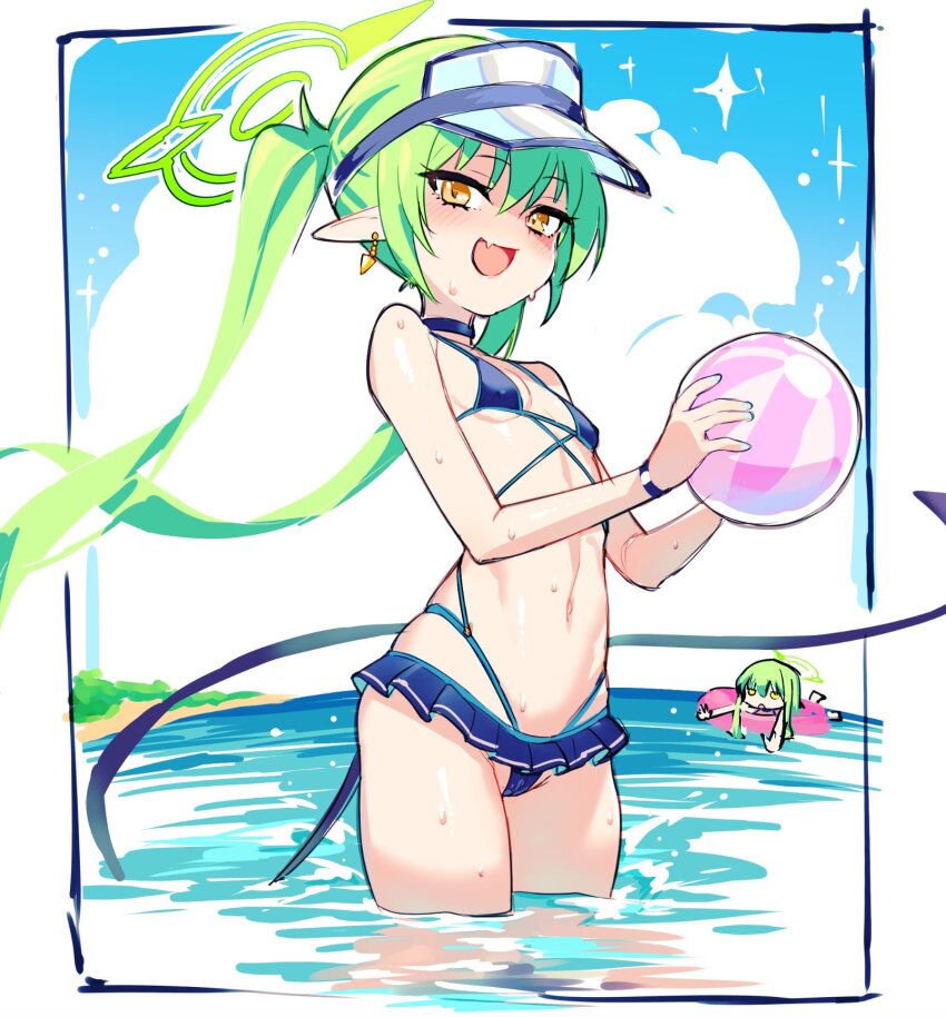 alternate_costume bare_arms bare_shoulders bikini blue_archive blue_bikini breasts earrings fang green_hair green_halo halo highres hikari_(blue_archive) jewelry loli long_hair navel nozomi_(blue_archive) siblings sisters small_breasts swimsuit thighs twins twintails umihal very_long_hair visor_cap water yellow_eyes