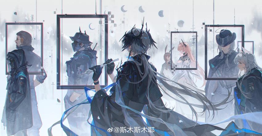 3girls 4boys absurdres ace_(arknights) amiya_(arknights) animal_ears antlers arknights artist_name black_gloves black_hat black_horns black_jacket blue_eyes bowler_hat closed_mouth doctor_(arknights) earrings empty_picture_frame faceless faceless_female flower gloves grey_hair hat head_wings highres holding horns jacket jewelry lily_(flower) logos_(arknights) long_hair long_sleeves low_ponytail male_focus multiple_boys multiple_girls outcast_(arknights) picture_frame ponytail profile rabbit_ears rabbit_girl rosmontis_(arknights) scout_(arknights) short_hair smusmuye theresa_(arknights) watermark weibo_watermark white_background wide_sleeves wings