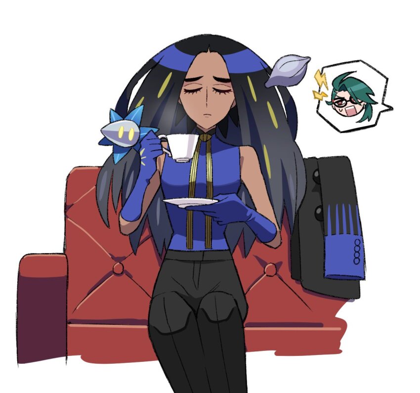 2girls black_hair black_pants blue_gloves botamochi_(exwelder) cat_eye-framed_eyewear closed_eyes closed_mouth couch cup dark-skinned_female dark_skin game_freak geeta_(pokemon) glimmet gloves green_hair highres holding holding_cup holding_plate jacket long_hair multicolored_hair multiple_girls neck_ribbon nintendo on_couch pants plate pokemon pokemon_(creature) pokemon_sv ribbon rika_(pokemon) sitting sleeveless speech_bubble unworn_jacket yellow_eyes