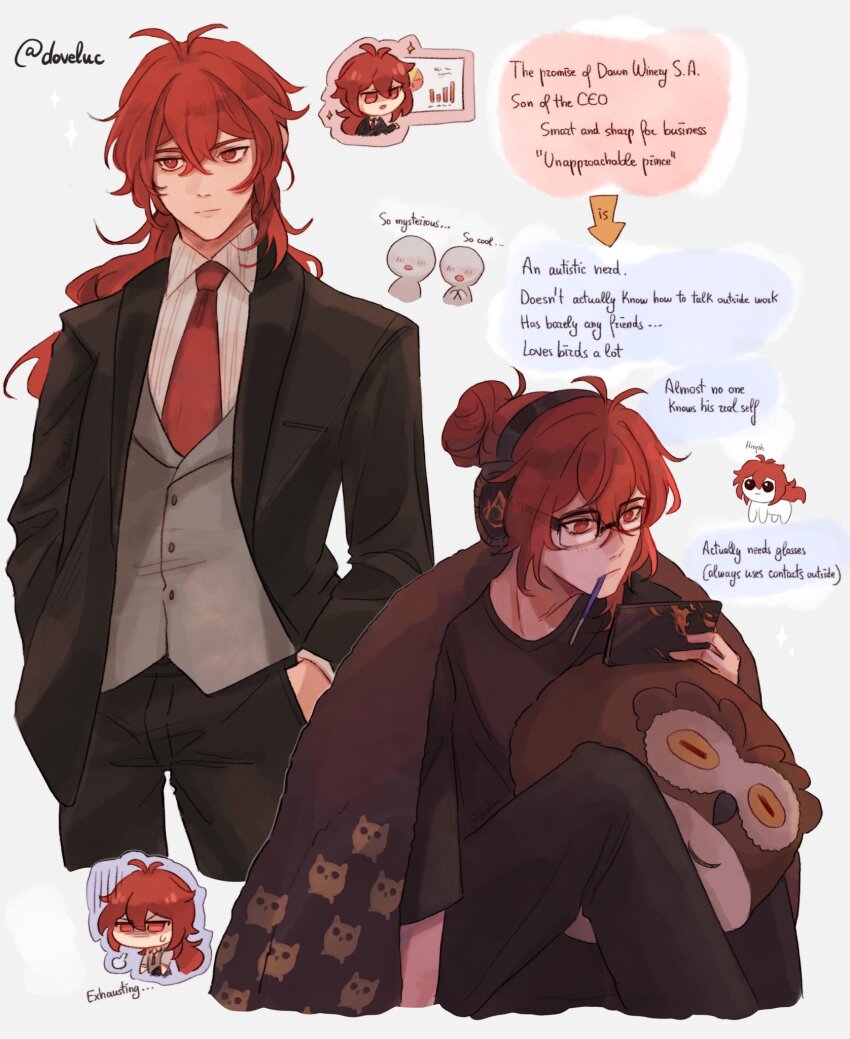 1boy alternate_costume black_pants black_suit blanket cellphone closed_mouth diluc_(genshin_impact) doveluc english_text formal_clothes genshin_impact grey_vest hair_between_eyes headphones highres holding holding_phone long_hair long_sleeves male_focus mouth_hold multiple_views necktie pants phone ponytail red_eyes red_hair red_necktie shirt smartphone stuffed_animal stuffed_bird stuffed_owl stuffed_toy suit vest