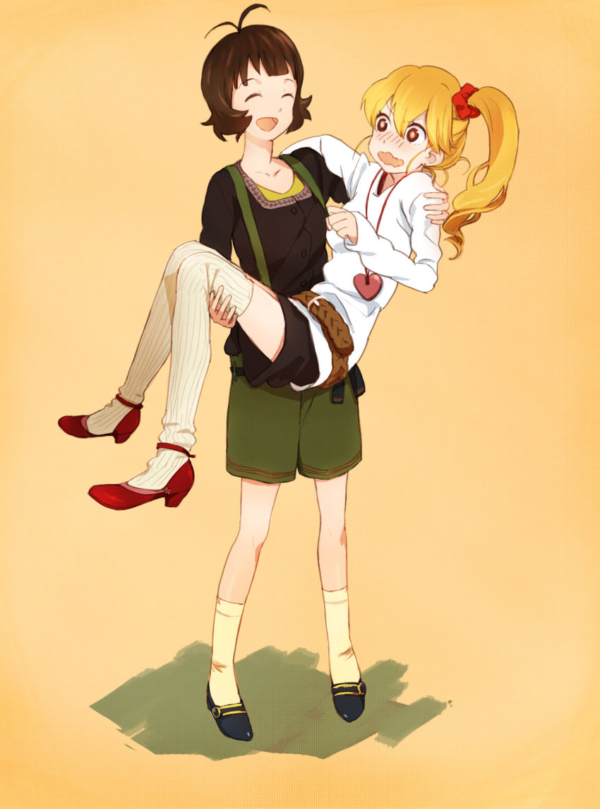 00s akizuki_ryo antenna_hair belt blush brown_hair carrying casual closed_eyes crossdressing highres idolmaster idolmaster_dearly_stars jewelry kneehighs mitosa mizutani_eri necklace open_mouth princess_carry sakurai_yumeko scrunchie short_hair side_ponytail skirt smile socks surprised trap turtleneck