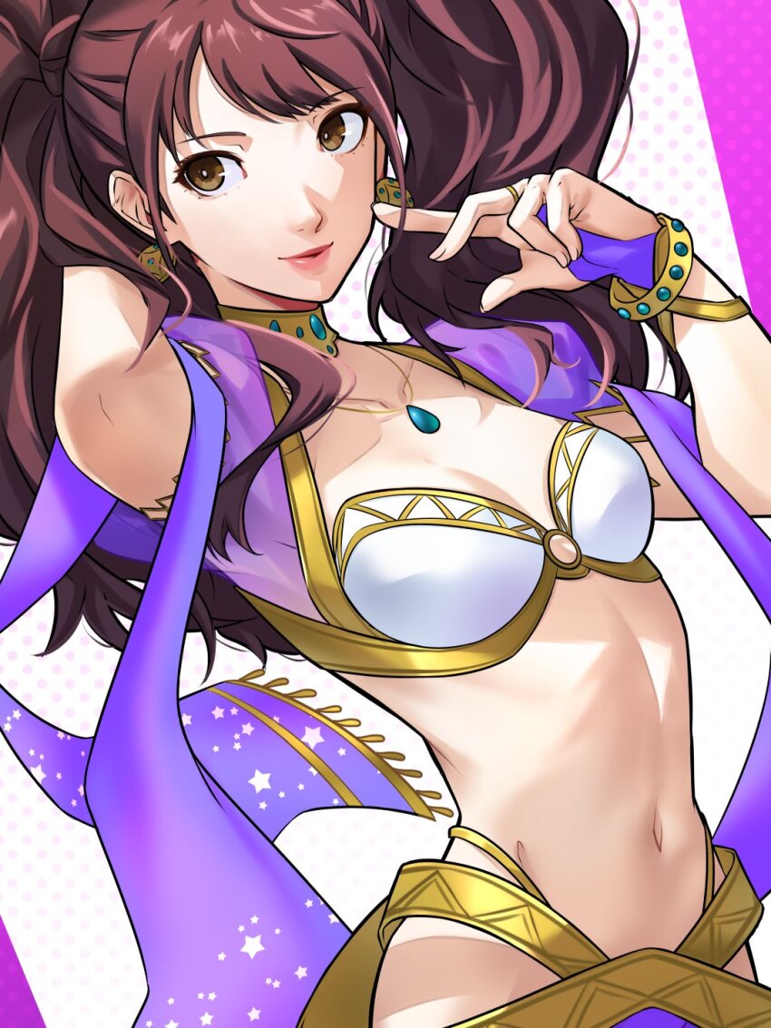 1girl breasts brown_eyes brown_hair earrings high-cut_armor_(persona) highres jewelry kujikawa_rise long_hair looking_at_viewer official_alternate_costume persona persona_4 persona_4:_dancing_all_night persona_dancing smile solo twintails wanderstillart