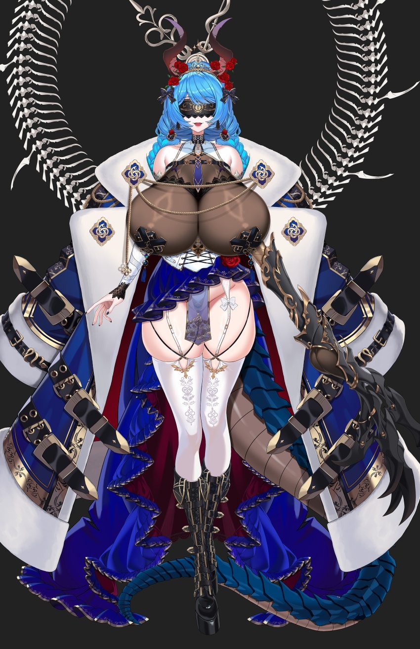 1girl absurdres bare_shoulders belt black_belt black_blindfold black_boots black_bow black_nails blindfold blue_coat blue_hair blue_necktie blue_skirt boots bow breasts brown_hair coat coat_on_shoulders copyright_request corset covered_collarbone detached_sleeves flower garter_straps gauntlets hair_bow hair_flower hair_ornament highres huge_breasts long_hair necktie open_mouth pelvic_curtain red_flower red_rose rose single_gauntlet skirt snake_print solo tail thighhighs thighs twintails utsutsu_(vtuber) virtual_youtuber white_bow white_corset white_garter_straps white_sleeves white_thighhighs yan.c