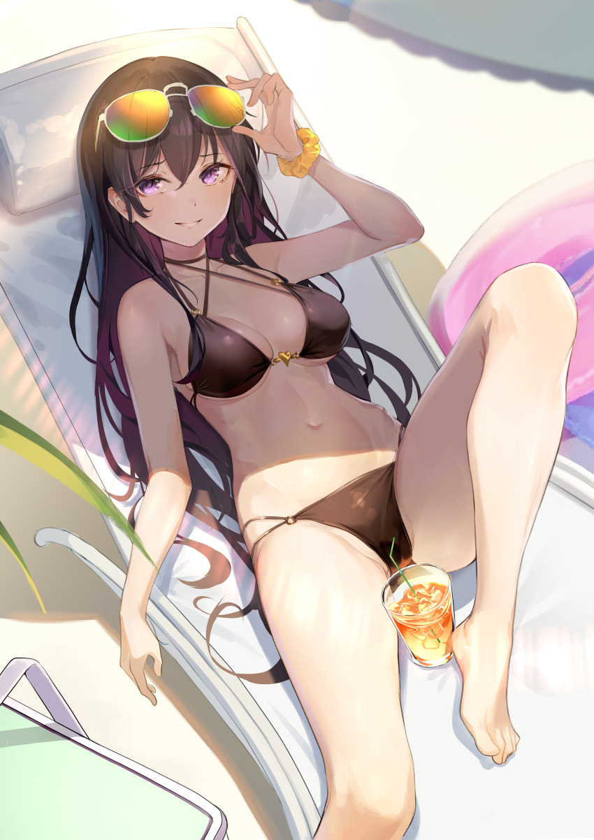 1girl absurdres arm_up bare_arms bare_legs bare_shoulders barefoot beach_chair bikini black_bikini black_choker black_hair breasts choker colored_inner_hair commission criss-cross_halter cup dampi drinking_glass eyewear_on_head feet gradient_hair grin halterneck highres knee_up legs long_hair looking_at_viewer lying medium_breasts multi-strapped_bikini_bottom multi-strapped_bikini_top multicolored_hair navel o-ring o-ring_bikini on_back original purple_eyes reclining scrunchie smile solo stomach string_bikini sunglasses swimsuit thighs tinted_eyewear very_long_hair wrist_scrunchie
