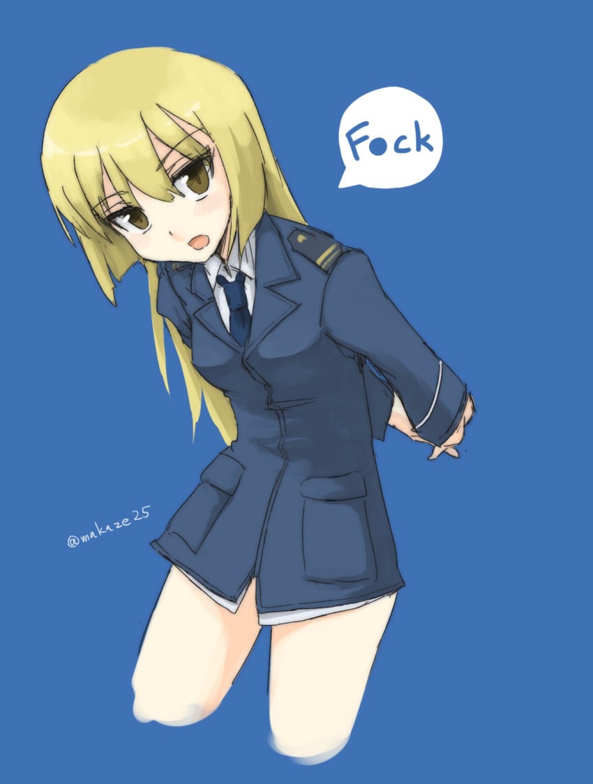 1girl arms_behind_back blonde_hair blue_background brown_eyes censored censored_text cropped_legs english_text female_focus highres interlocked_fingers leaning_forward long_hair long_sleeves makaze_(t-junction) marian_e._carl military military_uniform no_pants noble_witches own_hands_clasped own_hands_together profanity simple_background solo speech_bubble strike_witches twitter_username world_witches_series