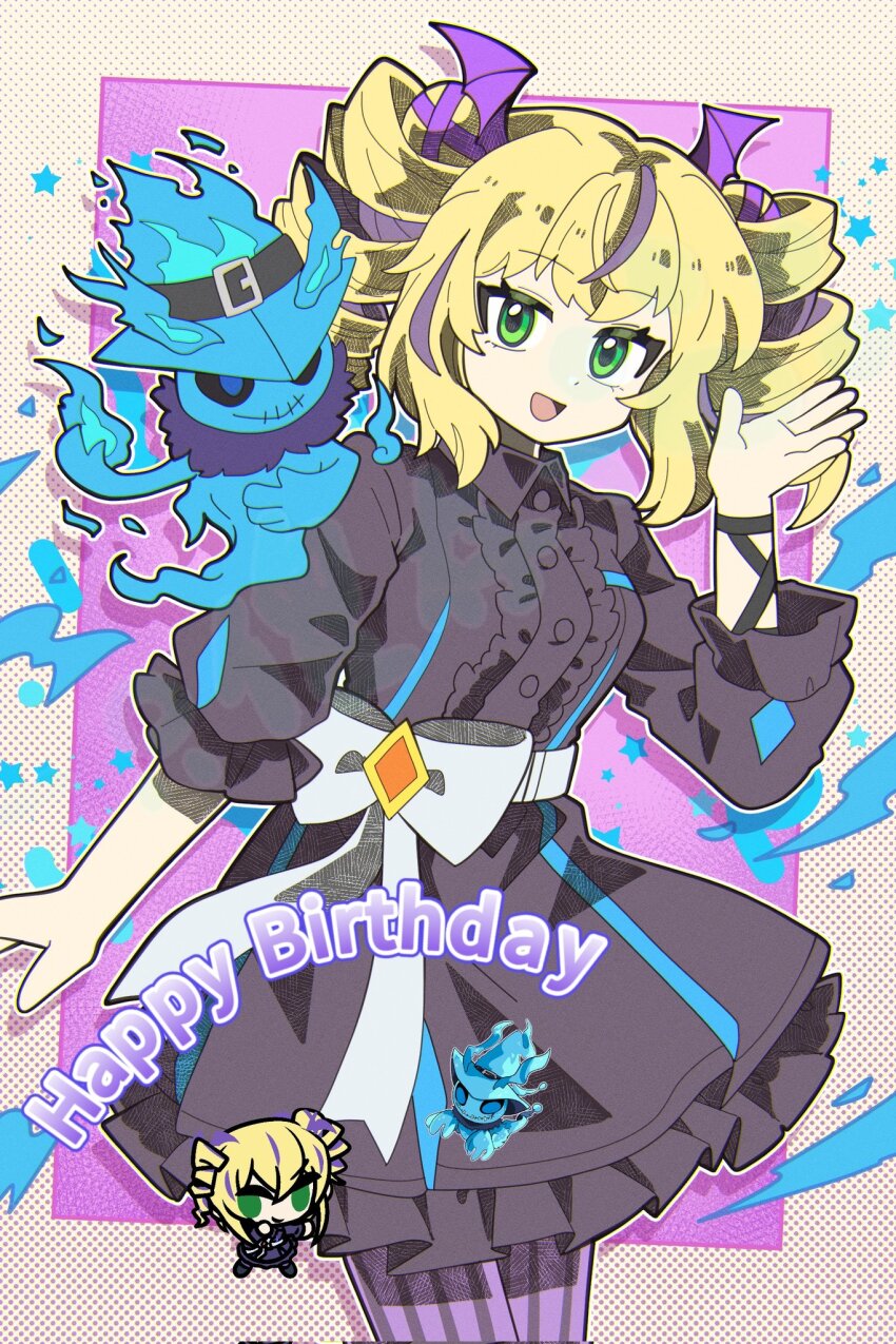 1girl black_dress blonde_hair chibi chibi_inset cowboy_shot cun_inugami digimon digimon_card_game digimon_liberator dress drill_hair english_text ghostmon happy_birthday highres multicolored_hair purple_background purple_hair simple_background twin_drills two-tone_hair violet_inboots