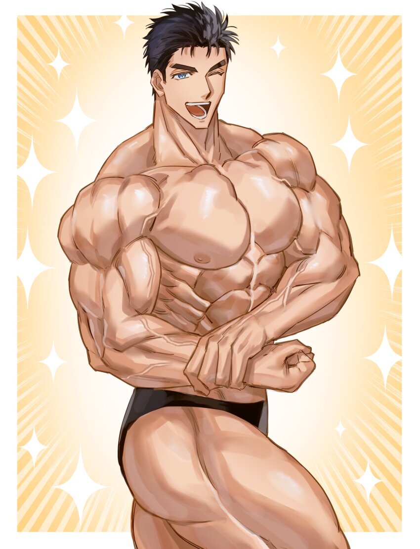 1boy ;d abs bara biceps black_hair black_male_underwear blue_eyes bodybuilder cowboy_shot domo_(domo_kizusuki) flexing highres kokado_shido_(domo) large_pectorals male_focus male_underwear manly muscular muscular_arms muscular_legs muscular_male nipples one_eye_closed open_mouth original pectorals short_hair shredded_muscles side_chest_pose sideburns smile solo sparkle thick_eyebrows thighs topless_male underwear underwear_only veins veiny_arms