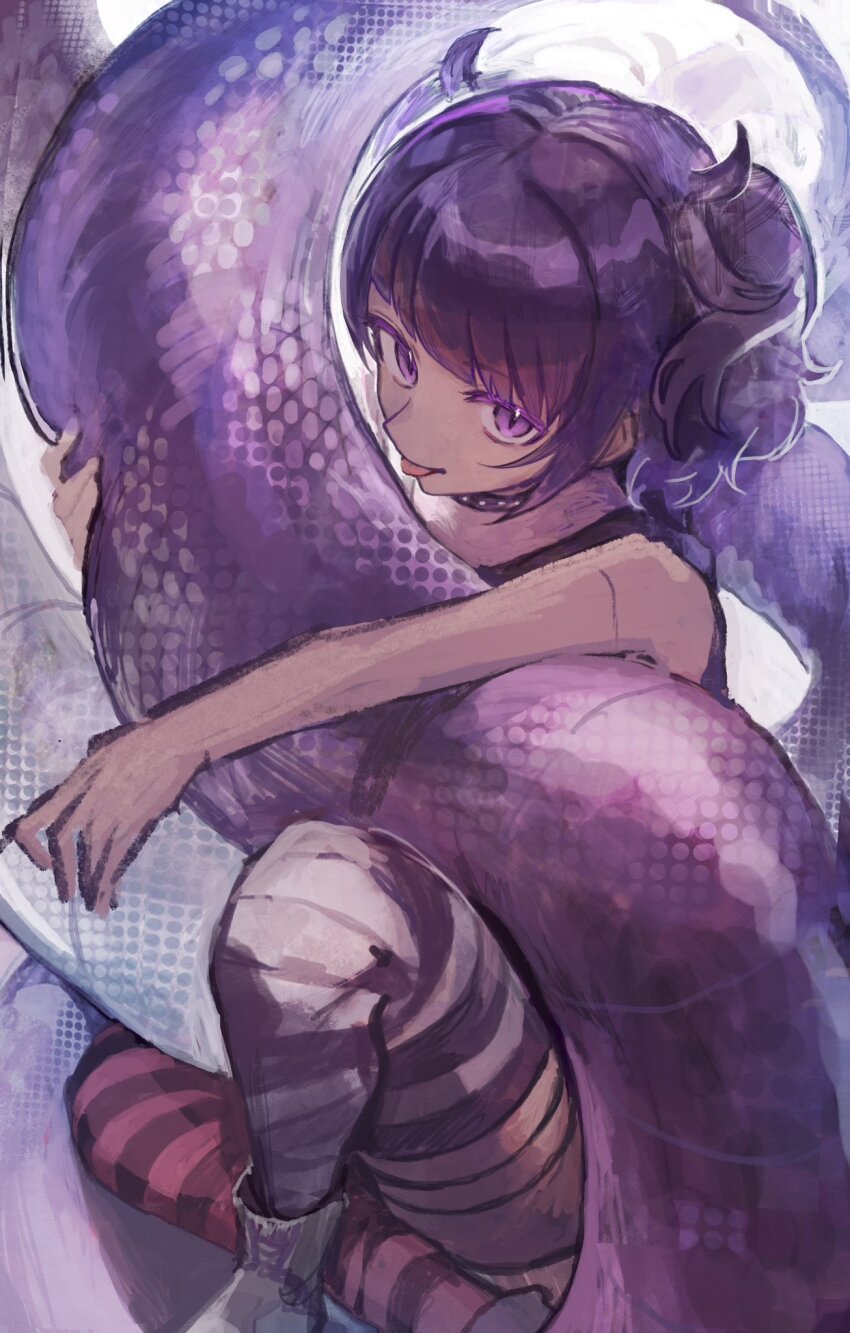 1girl :p animal bare_shoulders boots diagonal_bangs from_above giant_snake hai_bokusha highres horizontal-striped_thighhighs idolmaster idolmaster_shiny_colors looking_at_viewer mismatched_thighhighs oversized_animal purple_eyes purple_hair purple_snake scales sitting sleeveless snake solo studded_choker tanaka_mamimi thighhighs tongue tongue_out twintails