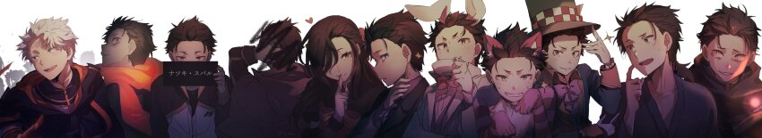 absurdres animal_ears beatrice_(re:zero) black_robe blue_eyes blue_robe brown_eyes brown_hair cat_ears closed_mouth commentary_request cup evil_smile finger_to_mouth formal_clothes from_side hair_slicked_back hand_on_own_face hand_to_head harusabin hat heart heterochromia highres holding holding_cup holding_sign long_hair long_image long_sleeves looking_at_viewer multiple_persona natsuki_subaru natsumi_schwarz open_mouth orange_eyes orange_scarf ponytail purple_ribbon rabbit_ears re:zero_kara_ayamatsu_isekai_seikatsu re:zero_kara_hajimeru_isekai_seikatsu re:zero_kara_kasaneru_isekai_seikatsu re:zero_kara_oboreru_isekai_seikatsu re:zero_kara_tsugihagu_isekai_seikatsu ribbon robe scar scarf short_hair shushing sign simple_background smile suit teacup top_hat track_suit white_background white_hair wide_image