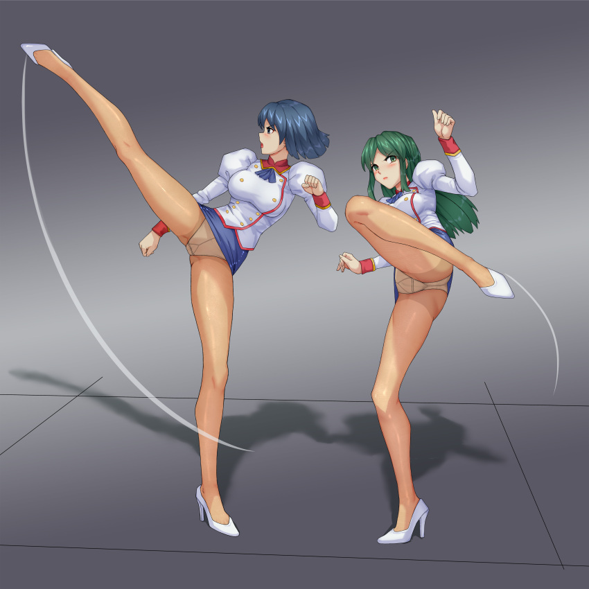 2girls absurdres adjutant_(agent_aika) agent_aika aika_(series) ascot ass black_ascot black_skirt blue_hair blush breasts brown_eyes buttons cameltoe closed_mouth commentary_request commission couple crotch_seam delmo_commander delmogeny_uniform full_body green_hair haimei1980 high_heels high_kick highres indoors jacket juliet_sleeves kicking large_breasts lipstick long_hair long_sleeves makeup microskirt military_uniform multiple_girls open_mouth panties panties_under_pantyhose pantyhose pixiv_commission profile puffy_sleeves short_hair skirt standing standing_on_one_leg thighs tile_floor tiles underwear white_delmo white_footwear white_jacket white_panties