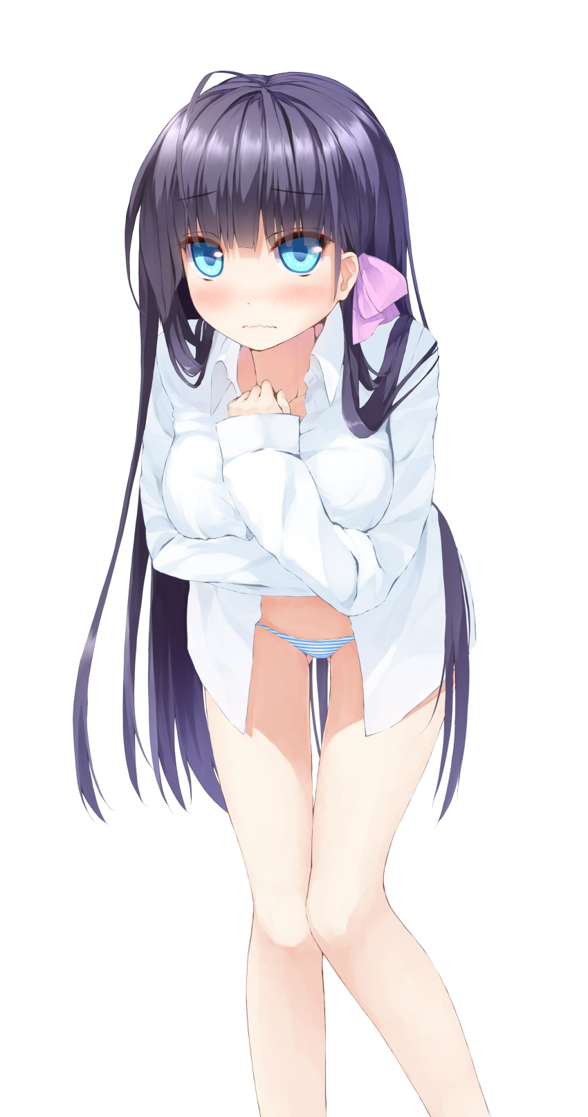 1girl absurdres ahoge black_hair blue_eyes blush breast_hold breasts dress_shirt female_focus gangsta_republica highres leaning_forward long_hair long_sleeves mizugaki_koori nearly_naked_shirt no_pants panties shirt sleeves_past_wrists solo striped_clothes striped_panties underwear uttt very_long_hair wavy_mouth