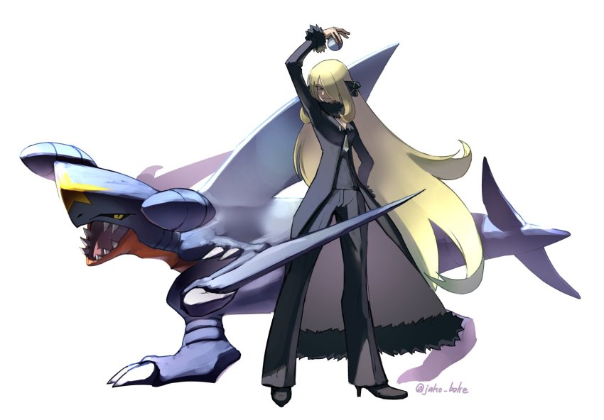 1girl arm_up black_coat black_footwear black_pants black_shirt blonde_hair breasts coat commentary_request cynthia_(pokemon) fur-trimmed_coat fur_collar fur_trim garchomp gen_4_pokemon hair_ornament hair_over_one_eye high_heels highres holding holding_poke_ball jako_(boke_poke) long_hair long_sleeves nintendo pants poke_ball pokemon pokemon_(creature) pokemon_dppt shirt standing twitter_username v-neck very_long_hair