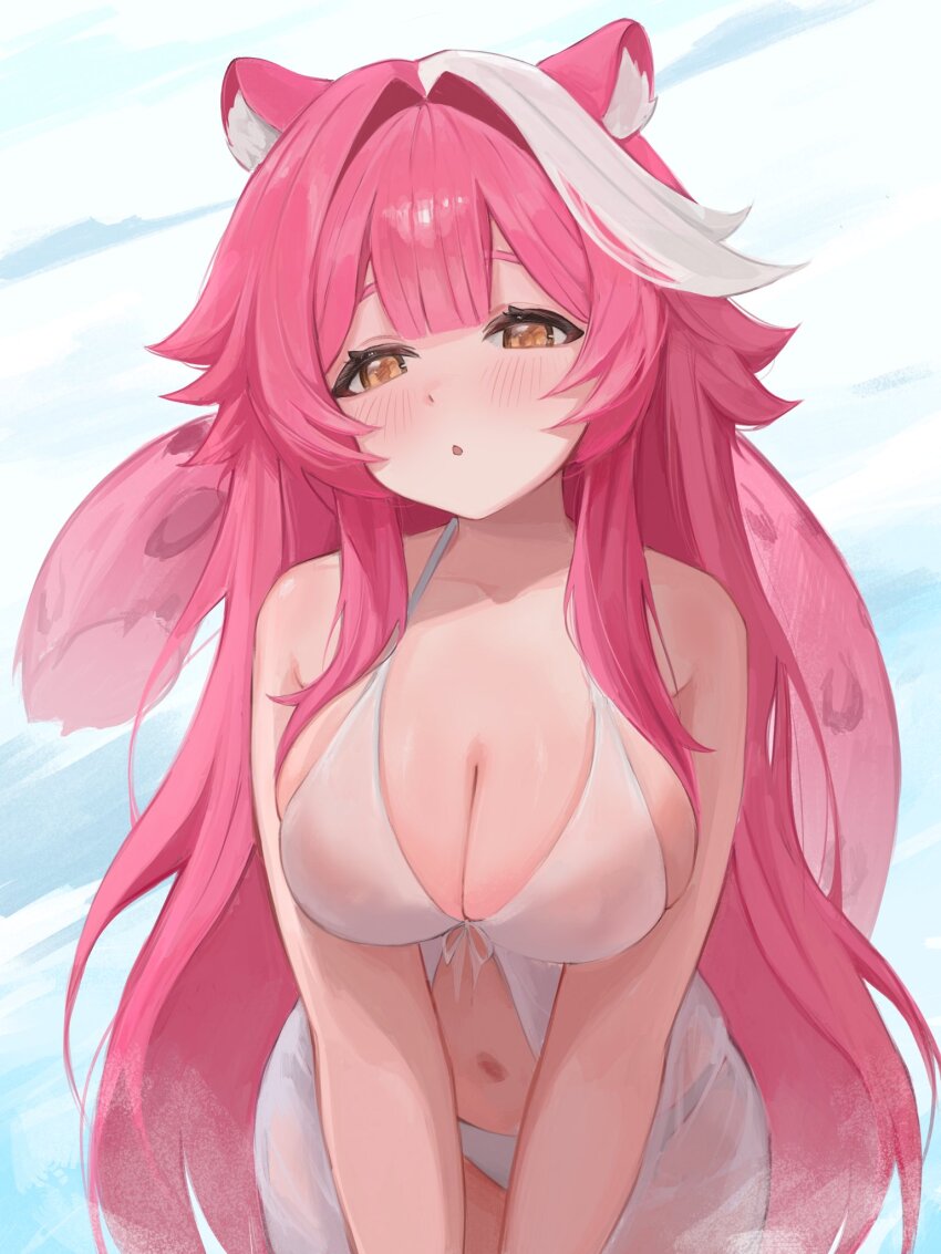1girl animal_ears bare_shoulders bikini blue_sky blush breasts cleavage cloud cloudy_sky collarbone commentary day hair_intakes hashtag-only_commentary highres hololive hololive_english kiiume0 large_breasts long_hair navel open_mouth panther_ears panther_girl panther_tail pink_hair raora_panthera sky solo stomach swimsuit tail thighs virtual_youtuber white_bikini yellow_eyes