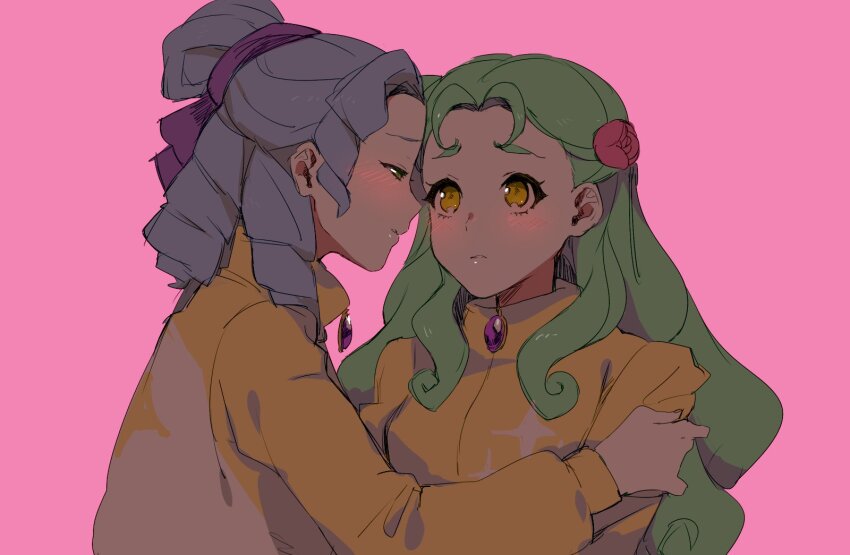 2girls aikatsu!_(series) aikatsu_stars! aoyama_naho blush closed_eyes closed_mouth drill_hair flower green_hair hair_flower hair_ornament hand_on_another&#039;s_arm highres imminent_kiss jacket long_hair long_sleeves looking_at_another multiple_girls naruse_ayumi_(aikatsu!) pink_background shiontaso simple_background third-party_source upper_body yellow_eyes yellow_jacket yuri