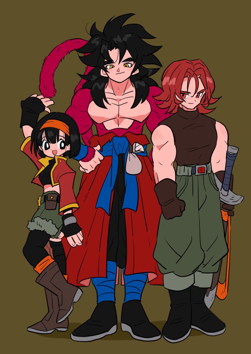 1girl 2boys absurdres arm_up bare_pectorals black_eyes black_gloves black_hair bob_cut brown_gloves commentary crop_top dragon_ball dragon_ball_heroes eyeshadow fingerless_gloves gloves grandfather_and_granddaughter hairband hands_on_own_hips highres holding holding_sword holding_weapon kodama_(marugoto_omikan) long_hair makeup medium_hair monkey_boy monkey_tail multiple_boys muscular muscular_male open_mouth orange_hairband pan_(dragon_ball) pan_(xeno)_(dragon_ball) parted_hair pectorals red_eyes red_eyeshadow red_fur red_hair short_hair sleeveless sleeveless_turtleneck son_goku son_goku_(xeno) super_saiyan super_saiyan_4 super_saiyan_god sword symbol-only_commentary tail time_patrol_(dragon_ball) topless_male trunks_(dragon_ball) trunks_(future)_(dragon_ball) trunks_(future)_(xeno)_(dragon_ball) turtleneck weapon yellow_eyes