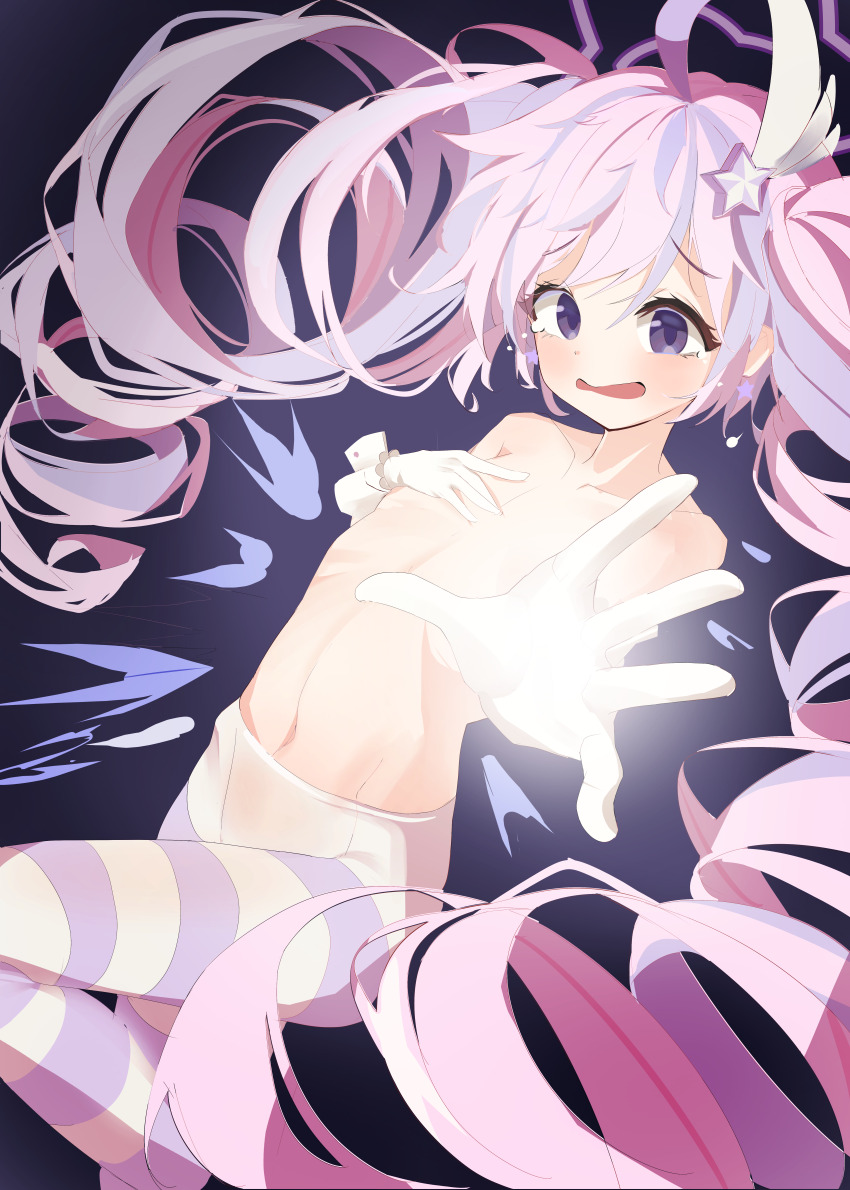 1girl absurdly_long_hair absurdres ahoge blue_archive collarbone covering_breasts covering_privates crying crying_with_eyes_open drill_hair earrings feather_hair_ornament flat_chest furrowed_brow gloves hair_ornament halo hand_up highres jewelry knee_up loli long_hair multicolored_hair navel open_mouth outstretched_hand pantyhose pink_hair purple_background purple_eyes purple_halo reisa_(blue_archive) simple_background solo star_(symbol) star_earrings star_hair_ornament star_halo striped_clothes striped_pantyhose tears topless_female twintails unso_(exxxxit) very_long_hair white_gloves
