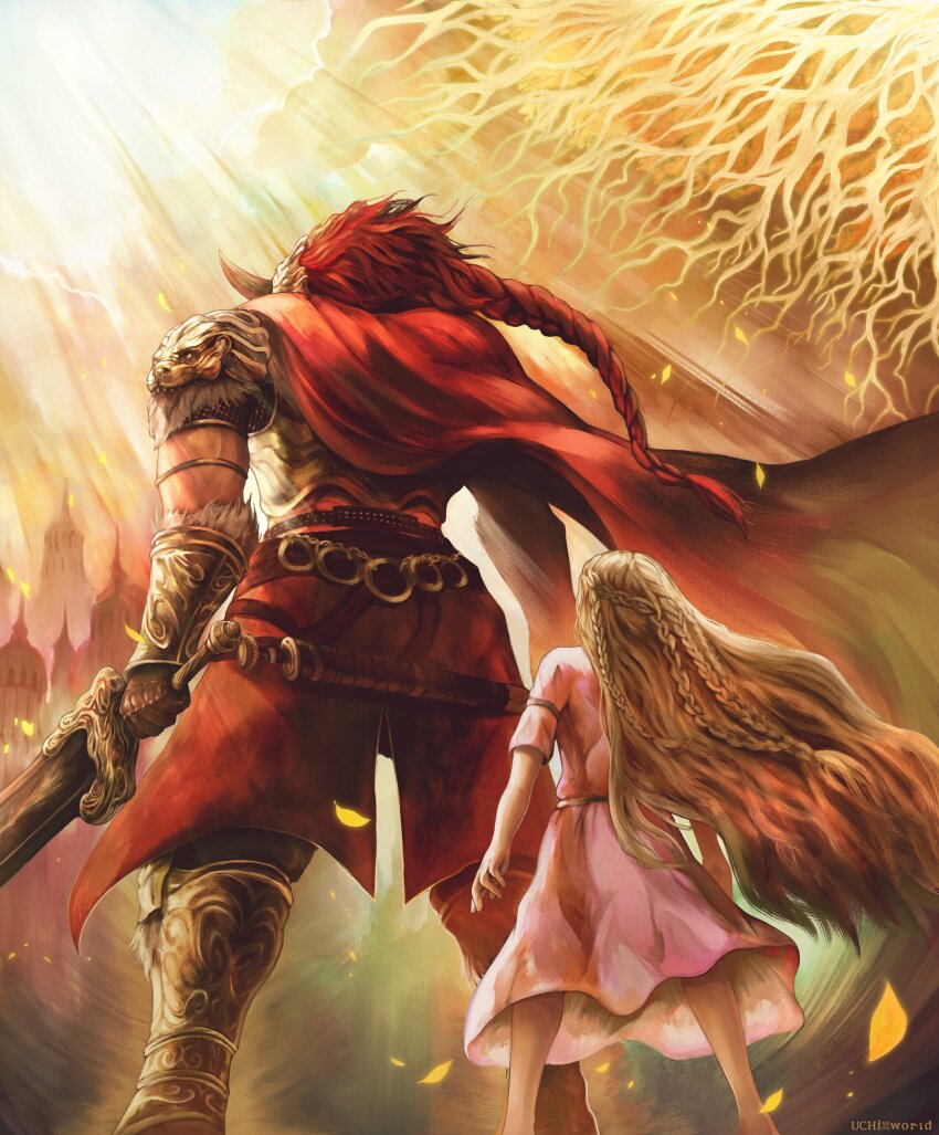 2boys absurdres armor artist_name back blonde_hair bracer braid cape chainmail crown_braid elden_ring erdtree_(elden_ring) facing_away fake_horns fur-trimmed_armor fur_trim gloves gold_armor helmet highres holding holding_sword holding_weapon horned_helmet horns leaf light_rays long_hair looking_at_another male_focus miquella_(elden_ring) multiple_boys multiple_braids muscular muscular_male red_cape red_hair size_difference starscourge_radahn sword tower tunic uchi_vs_the_world waist_cape weapon