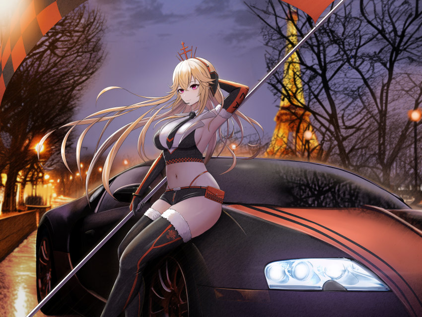 1girl absurdres alternate_costume arm_behind_head armpits azur_lane bare_shoulders bare_tree bike_shorts black_gloves black_necktie black_shorts black_thighhighs blonde_hair bracelet breasts bugatti bugatti_veyron building car closed_mouth commentary crop_top cross eiffel_tower elbow_gloves feet_out_of_frame flag france from_side fur-trimmed_gloves fur-trimmed_thighhighs fur_trim gloves hair_between_eyes headset highres holding holding_flag jewelry kcar66t large_breasts long_hair looking_at_viewer midriff motor_vehicle navel necktie night on_car orange_gloves outdoors paris print_thighhighs purple_eyes race_queen real_world_location richelieu_(azur_lane) shirt short_shorts shorts sideboob sidelocks sitting smile solo sports_car stomach thighhighs thighs tree two-tone_gloves vehicle_request white_shirt