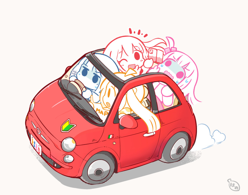 4girls blonde_hair blue_hair bocchi_the_rock! car cellphone commentary_request cube_hair_ornament driving fiat fiat_500 gotoh_hitori hair_ornament hanomido highres ijichi_nijika kita_ikuyo map multiple_girls official_style one_eye_closed phone pink_hair red_car red_hair scared selfie smartphone steering_wheel white_background yamada_ryo