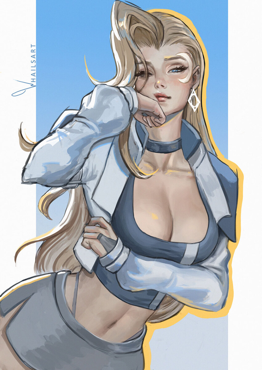 1girl artist_name black_choker blonde_hair blue_background blue_eyes blue_shirt border breasts choker commentary crop_top cropped_shirt dagger_(marvel) earrings gradient_background grey_skirt highres jacket jewelry long_sleeves looking_at_viewer marvel marvel_rivals midriff open_clothes open_jacket shirt skirt whails white_border