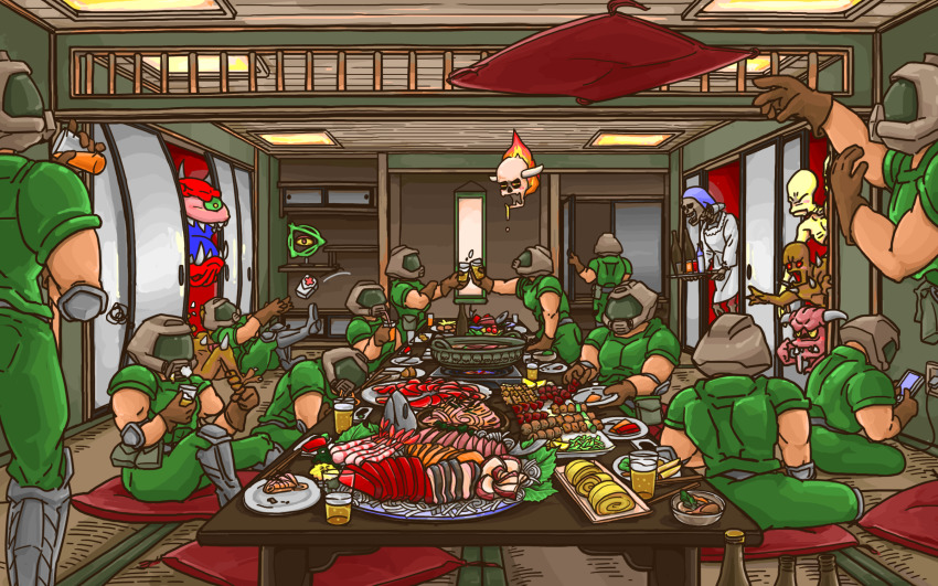 6+boys arch-vile armor cacodemon chopsticks commentary commentary_request cup cushion demon doom_(series) doom_ii doomguy drinking_glass english_commentary food food_request fusuma hanging_scroll helmet highres imp_(doom) indoors kurashiki_nanka lost_soul_(doom) mixed-language_commentary multiple_boys pinky_demon plate revenant_(doom) ryokan scroll sitting skeleton skull sliding_doors squiggle table tatami zabuton