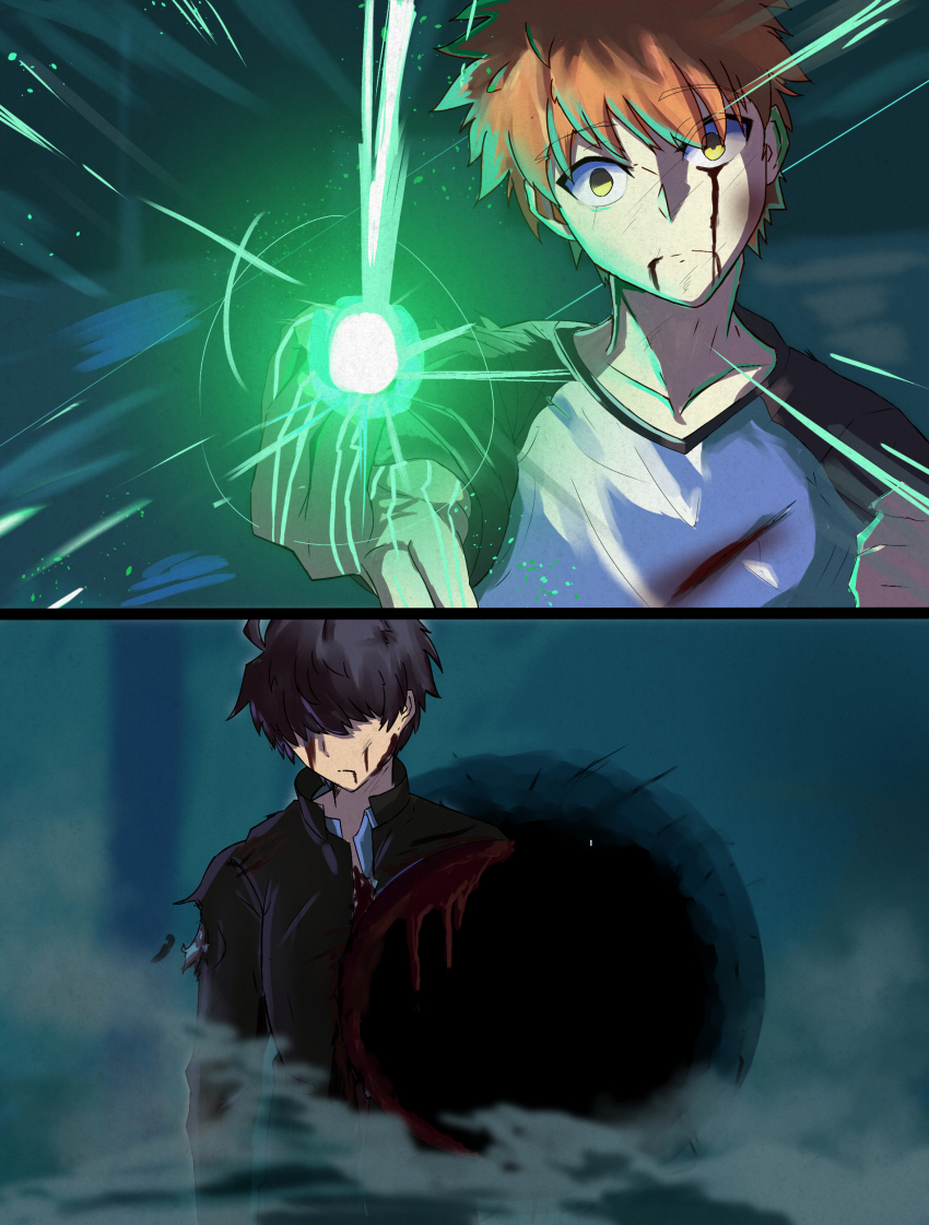 2boys absurdres black_hair black_jacket blood blood_on_face character_request dust emiya_shirou energy fate/stay_night fate_(series) gojou&#039;s_imaginary_technique highres hole_in_wall jacket jujutsu_kaisen light male_focus multiple_boys orange_hair scene_reference shirt shokobr short_hair tohno_shiki tsukihime two-tone_shirt yellow_eyes