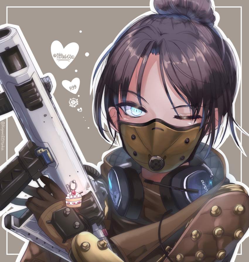 1girl absurdres airship_assassin_wraith animification apex_legends bad_id bad_pixiv_id blue_eyes bodysuit brown_background brown_bodysuit brown_gloves gloves gun hair_bun headphones headphones_around_neck headset_removed heart highres holding holding_gun holding_weapon kagamitsuka mask mouth_mask one_eye_closed parted_bangs r-99_smg single_hair_bun solo submachine_gun weapon wraith_(apex_legends)