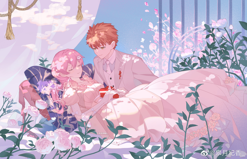 1boy 1girl =_= absurdres blush bow breasts bride carrying closed_eyes couple dreaming dress emiya_shirou fate/stay_night fate_(series) flower formal_clothes gaoyue_jixiang groom hair_ornament hairclip heart heart_hands hetero highres husband_and_husband igote jacket long_hair male_focus necktie non-web_source oc_x_canon orange_hair original pants pink_eyes pink_hair princess_carry red_hair ribbon rose sleeping smile suit twintails veil watermark wedding_dress weibo_watermark white_dress white_flower white_jacket white_necktie white_pants white_rose white_suit zzz