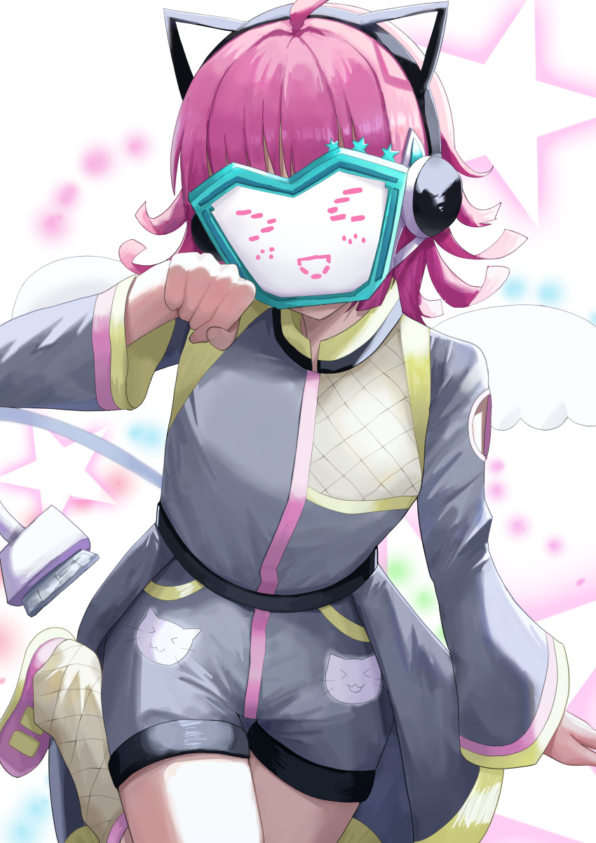 &gt;_&lt; 1girl :d absurdres ahoge blunt_bangs blunt_ends blush breasts chideno commentary cowboy_shot grey_jumpsuit highres jumpsuit kishimen_hair leg_up leg_warmers long_sleeves love_live! love_live!_nijigasaki_high_school_idol_club masked medium_breasts medium_hair official_alternate_costume open_mouth paw_pose pink_hair pink_shoes rina-chan_board shoes short_jumpsuit smile solo star_(symbol) tennoji_rina tsunagaru_connect_(love_live!) white_background xd yellow_leg_warmers