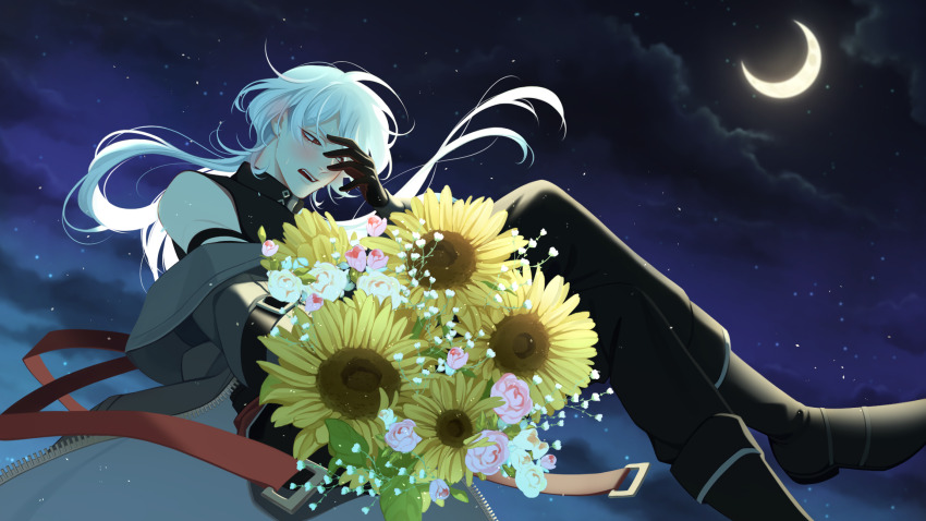 1boy :d a_date_with_death arm_on_own_leg averting_eyes belt black_clouds black_gloves black_shorts blush bouquet covering_one_eye crescent_moon crossed_legs fangs flower from_below gloves grin hair_flowing_over highres holding holding_bouquet incoming_gift jacket jacket_partially_removed jellyfish_cut male_focus moon night night_sky non-web_source official_art open_mouth red_belt red_eyes rose scenery shorts sidelighting sky sleeveless sleeveless_turtleneck smile solo sparkling_eyes star_(sky) starry_sky sunflower teeth tulip turtleneck upper_teeth_only variant_set white_hair wolf_cut