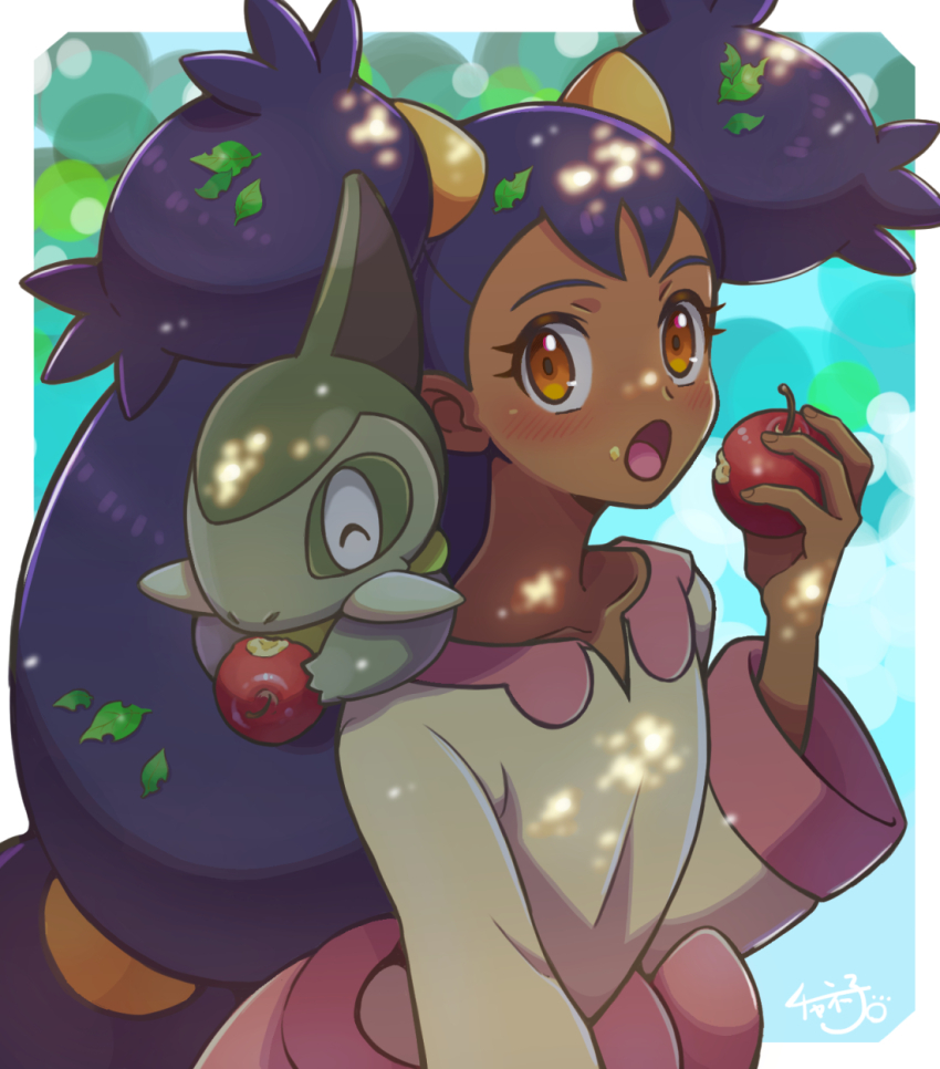 1girl :o apple axew big_hair creatures_(company) cyaneko dark-skinned_female dark_skin eating food food_on_face fruit game_freak gen_5_pokemon highres holding holding_food holding_fruit iris_(pokemon) leaf leaf_on_head long_hair long_sleeves looking_at_viewer nintendo open_mouth pokemon pokemon_(anime) pokemon_(creature) pokemon_bw_(anime) purple_hair shade shirt very_long_hair yellow_shirt