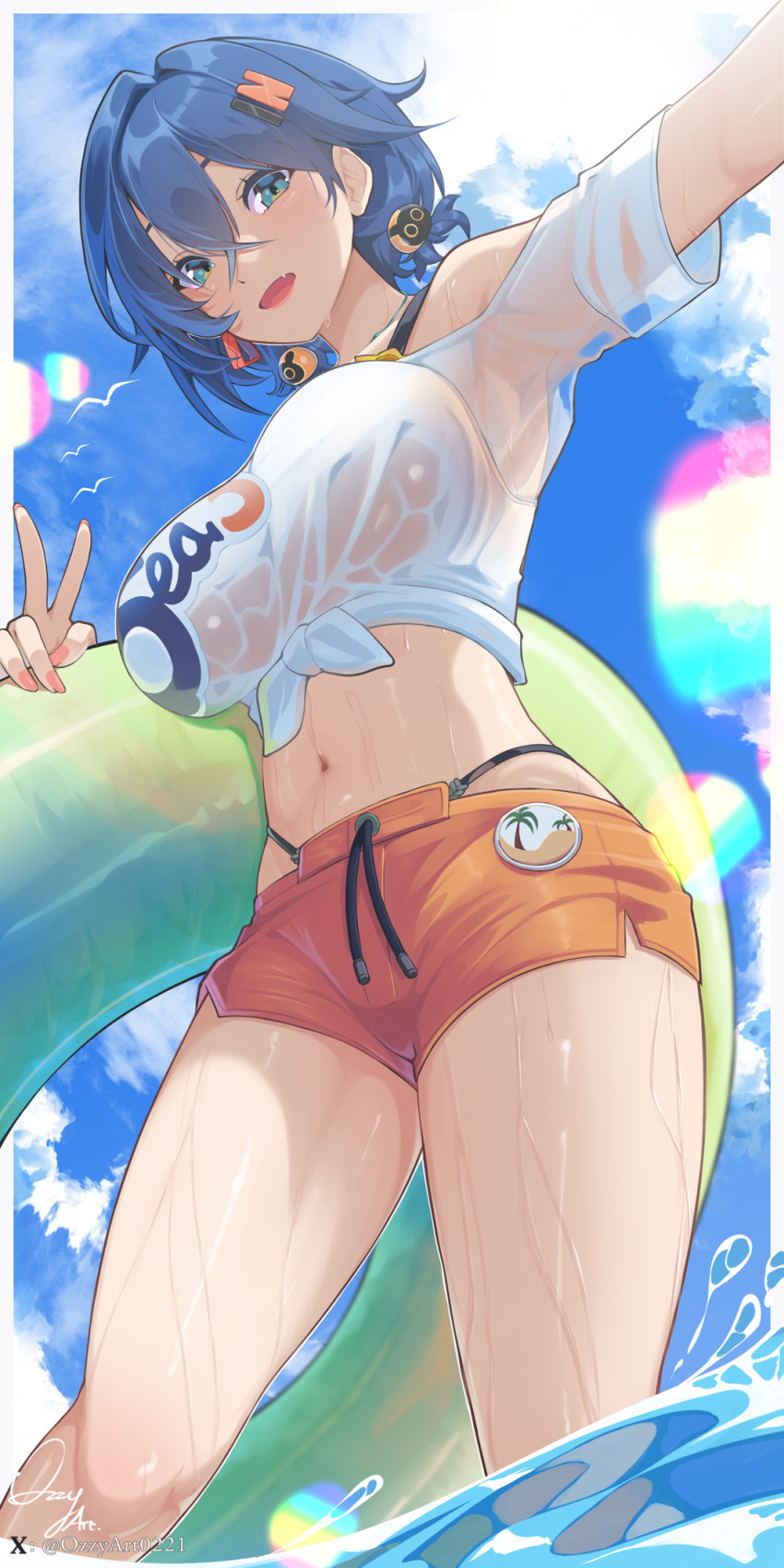 1girl belle_(zenless_zone_zero) blue_hair blue_sky breasts commentary day english_commentary from_below green_eyes hair_ornament highres holding holding_swim_ring innertube large_breasts letter_hair_ornament linea_alba looking_at_viewer looking_down midriff navel official_alternate_costume open_mouth orange_shorts outdoors ozzyart_0221 shirt short_hair short_shorts shorts signature sky solo stomach swim_ring tied_shirt twitter_username v variant_set water wet wet_clothes wet_shirt white_shirt wide_sleeves zenless_zone_zero