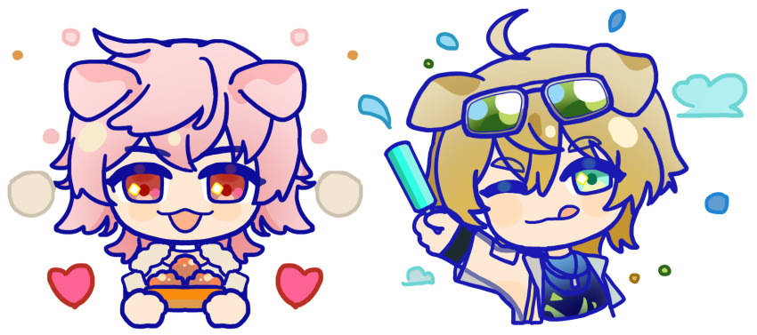 2boys :3 ahoge animal_ears arknights blonde_hair blue_eyes blue_vest blush bracelet bubble chibi chibi_only chinese_commentary choker closed_mouth commentary_request confetti crossover dog_boy dog_ears dog_tags eyewear_on_head food fur-trimmed_jacket fur_trim green-tinted_eyewear hair_between_eyes hair_tuft hand_up heart highres holding holding_food holding_plate holding_popsicle hood hood_down hooded_jacket jacket jewelry looking_at_viewer male_focus messy_hair multiple_boys multiple_necklaces necklace one_eye_closed open_clothes open_jacket open_mouth paradox_live pink_hair plate popsicle red_eyes reiinu rokuta_(paradox_live) see-through_clothes see-through_sleeves shirt smile sunglasses tequila_(arknights) thick_eyebrows tinted_eyewear upper_body vest white_background white_choker white_shirt