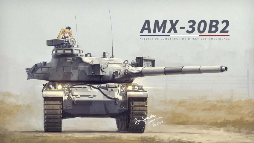 1girl absurdres ahoge amx-30_(tank) blonde_hair blue_eyes cannon caterpillar_tracks commission fence french_army grass heterochromia highres military_vehicle motor_vehicle original red_eyes solo spacebar_hobby tank tank_turret vehicle_focus vehicle_name