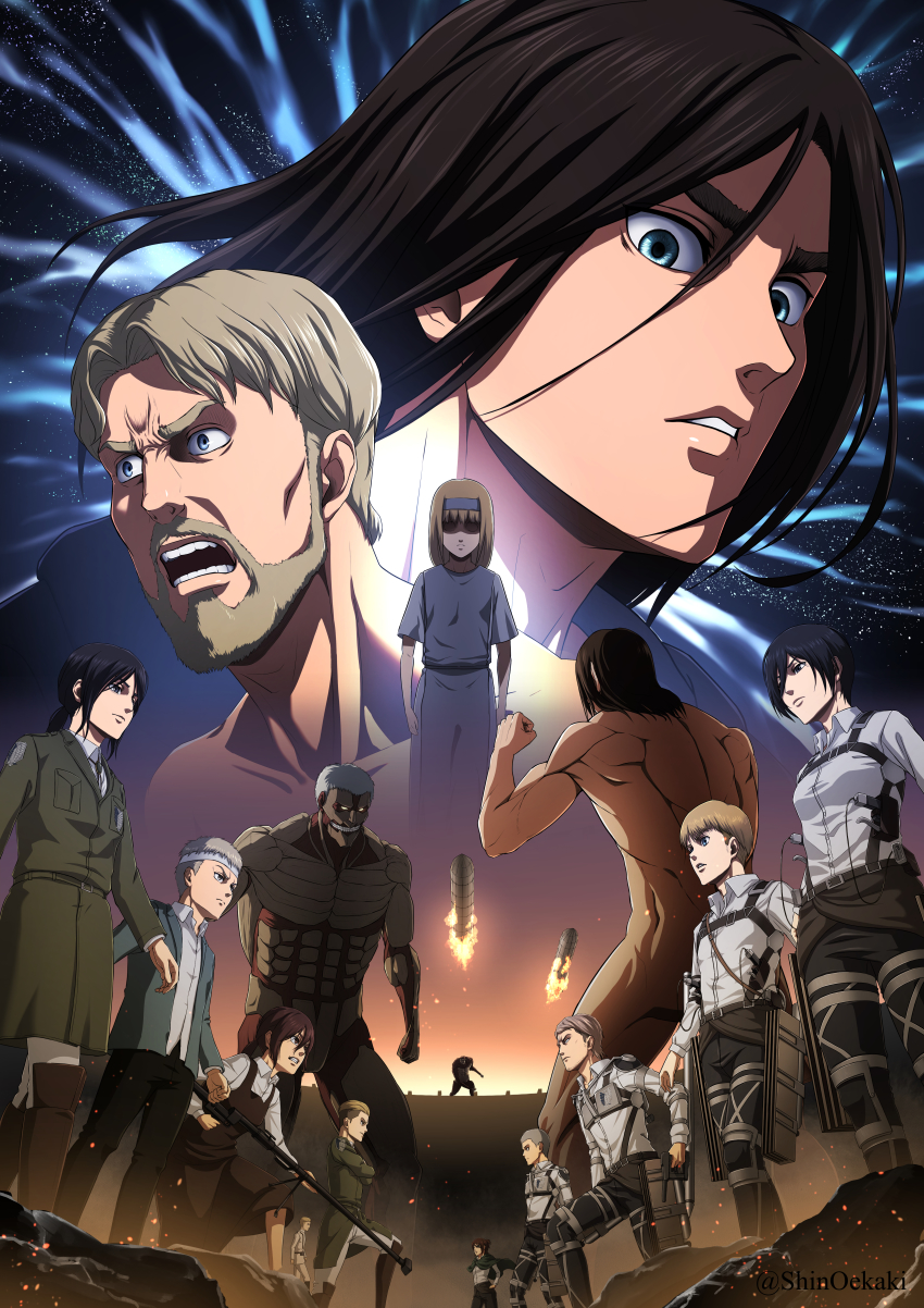 5girls 6+boys absurdres aircraft airship armin_arlert armored_titan battle beast_titan brothers child collared_shirt colt_grice connie_springer duel eren_yeager falco_grice gabi_braun hange_zoe highres jean_kirstein levi_(shingeki_no_kyojin) marley_military_uniform mikasa_ackerman multiple_boys multiple_girls official_style pieck_finger porco_galliard reiner_braun rogue_titan shin_oekaki shingeki_no_kyojin shirt siblings sky spoilers star_(sky) starry_sky thick_eyebrows three-dimensional_maneuver_gear titan_(shingeki_no_kyojin) ymir_fritz zeke_yeager