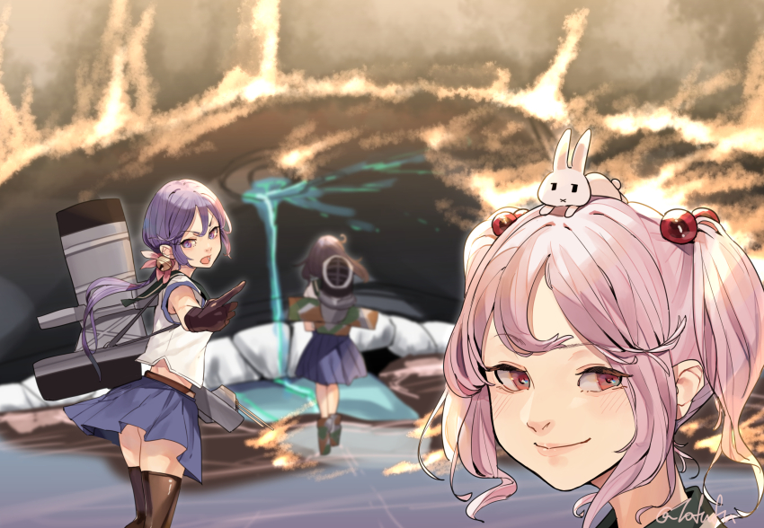 1other 3girls ahoge akebono_(kancolle) bell black_hair blood blush burnt disaster_girl_(meme) fire flower fuwafuwatoufu hair_bell hair_bobbles hair_flower hair_ornament highres i-class_destroyer jingle_bell kantai_collection long_hair machinery multiple_girls open_mouth pink_hair purple_hair rabbit sazanami_(kancolle) school_uniform serafuku side_ponytail thighs twintails ushio_(kancolle)