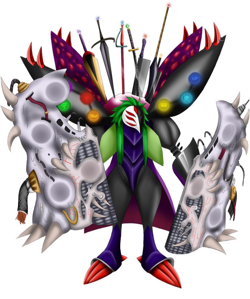 beta_digimon claws digimon digimon_(creature) door highres mask ogudomon red_eyes solo spikes sword weapon