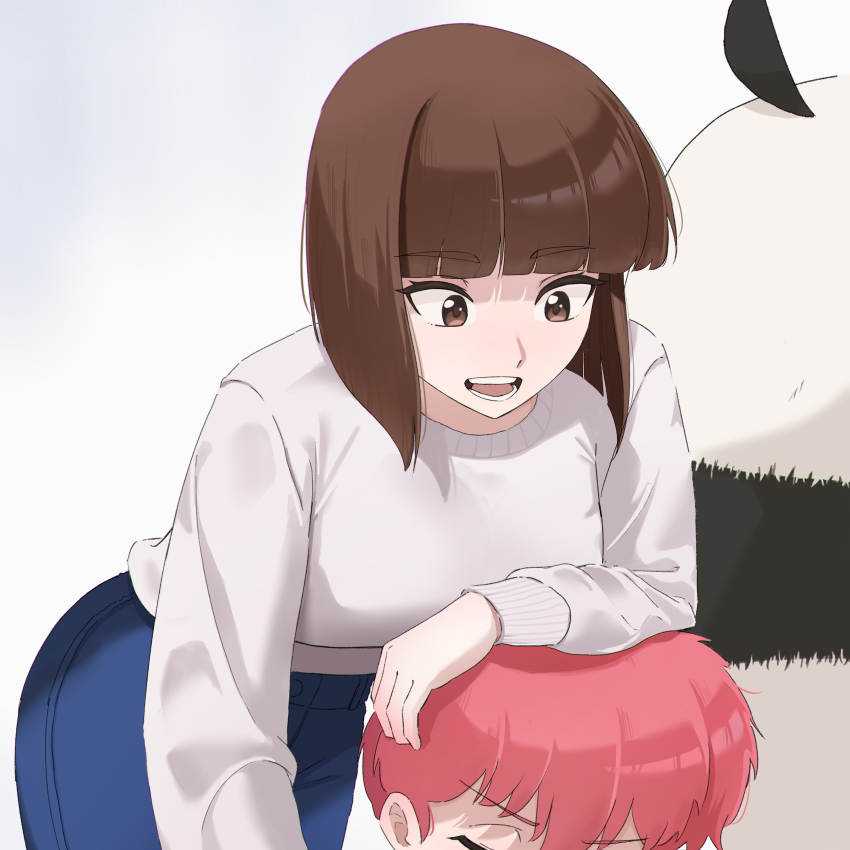 1boy 2girls :d absurdres arm_on_another&#039;s_head arm_rest bent_over blue_pants blunt_bangs blunt_ends bob_cut breasts brown_eyes brown_hair closed_eyes commentary denim elbow_rest eyelashes father_and_son genderswap genderswap_(mtf) hair_between_eyes highres inverted_bob jeans kie_(fvha3888) large_breasts leaning_forward long_sleeves looking_at_another looking_down loose_hair_strand multiple_girls open_mouth panda pants pink_hair ranma-chan ranma_1/2 reaching reaching_towards_another saotome_genma saotome_genma_(panda) saotome_ranma simple_background sitting smile solo_focus standing sweater teeth tendou_nabiki thick_eyebrows transformation v-shaped_eyebrows white_background white_sweater