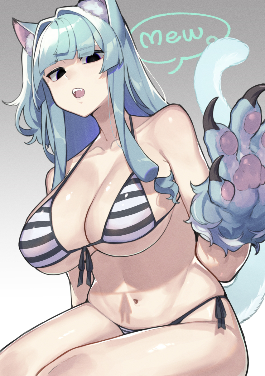1girl absurdres animal_ear_fluff animal_ears animal_hands bikini black_bikini blue_hair breasts curvy front-tie_bikini_top front-tie_top highres kotonoha_akane large_breasts looking_at_viewer looking_down shadow side-tie_bikini_bottom solo striped_bikini striped_clothes swimsuit toriniku29 voiceroid white_bikini