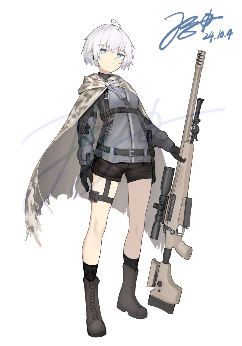 1girl absurdres ahoge anti-materiel_rifle belt_buckle bipod black_gloves black_shorts black_socks blue_eyes bolt_action boots breasts brown_footwear buckle camouflage cape chinese_commentary clothes_writing dated earpiece gloves grey_hair grey_jacket gun highres holding holding_gun holding_weapon jacket jerry_wang knife knife_sheath lace-up_boots long_sleeves magazine_(weapon) mcmillan_tac-50 muzzle_device original rifle scope sheath short_hair short_shorts shorts shotgun_shell signature simple_background small_breasts snap-fit_buckle sniper_rifle socks standing tachi-e thigh_strap thighs torn_cape torn_clothes watermark weapon white_background white_hair