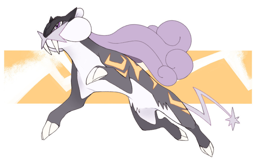 alternate_color alternate_shiny_pokemon claws fangs full_body gen_2_pokemon highres legendary_pokemon nintendo no_humans pokemon pokemon_(creature) purple_eyes raikou solo tail two-tone_background vergolophus white_background yellow_background