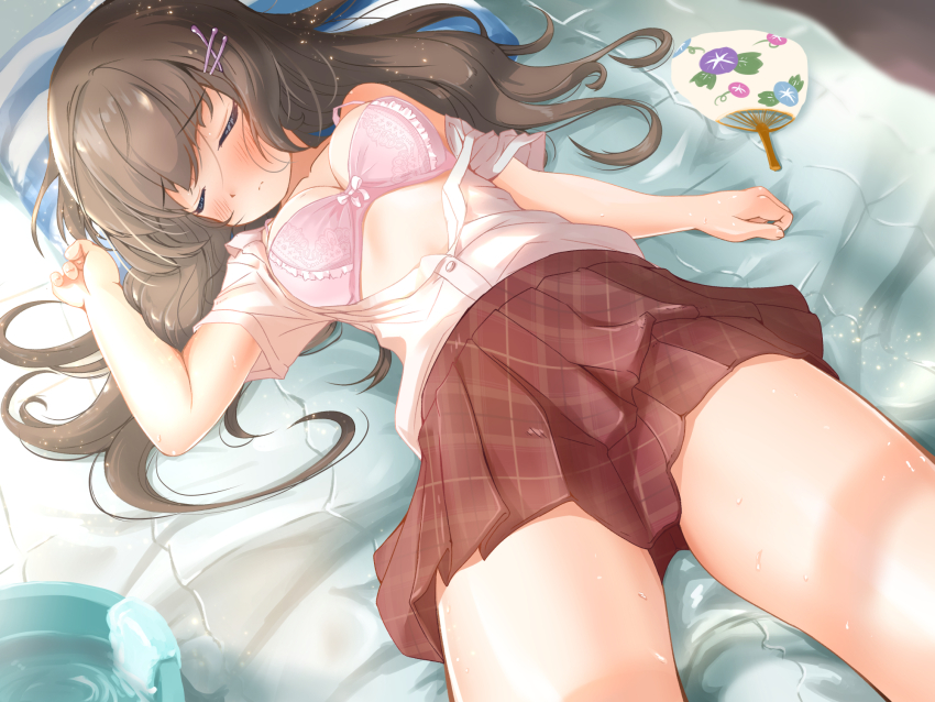 1girl blush bow bow_bra bra breasts closed_eyes female_focus hair_ornament hairclip highres long_hair lying medium_breasts on_back open_clothes open_shirt original pink_bra red_skirt school_uniform serafuku shirt skirt sleeping solo tachiinu underwear wet white_shirt