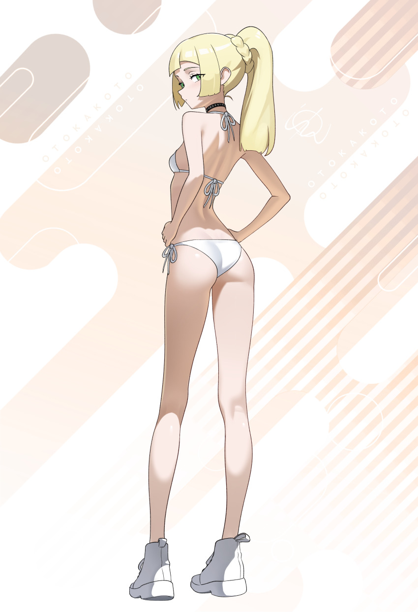 1girl absurdres ass back bikini black_choker blonde_hair breasts brown_background choker commentary english_commentary full_body green_eyes highres lillie_(pokemon) looking_at_viewer looking_back medium_hair nintendo otokakoto pokemon pokemon_sm ponytail shoes side-tie_bikini_bottom small_breasts solo standing striped_background swimsuit white_background white_shoes
